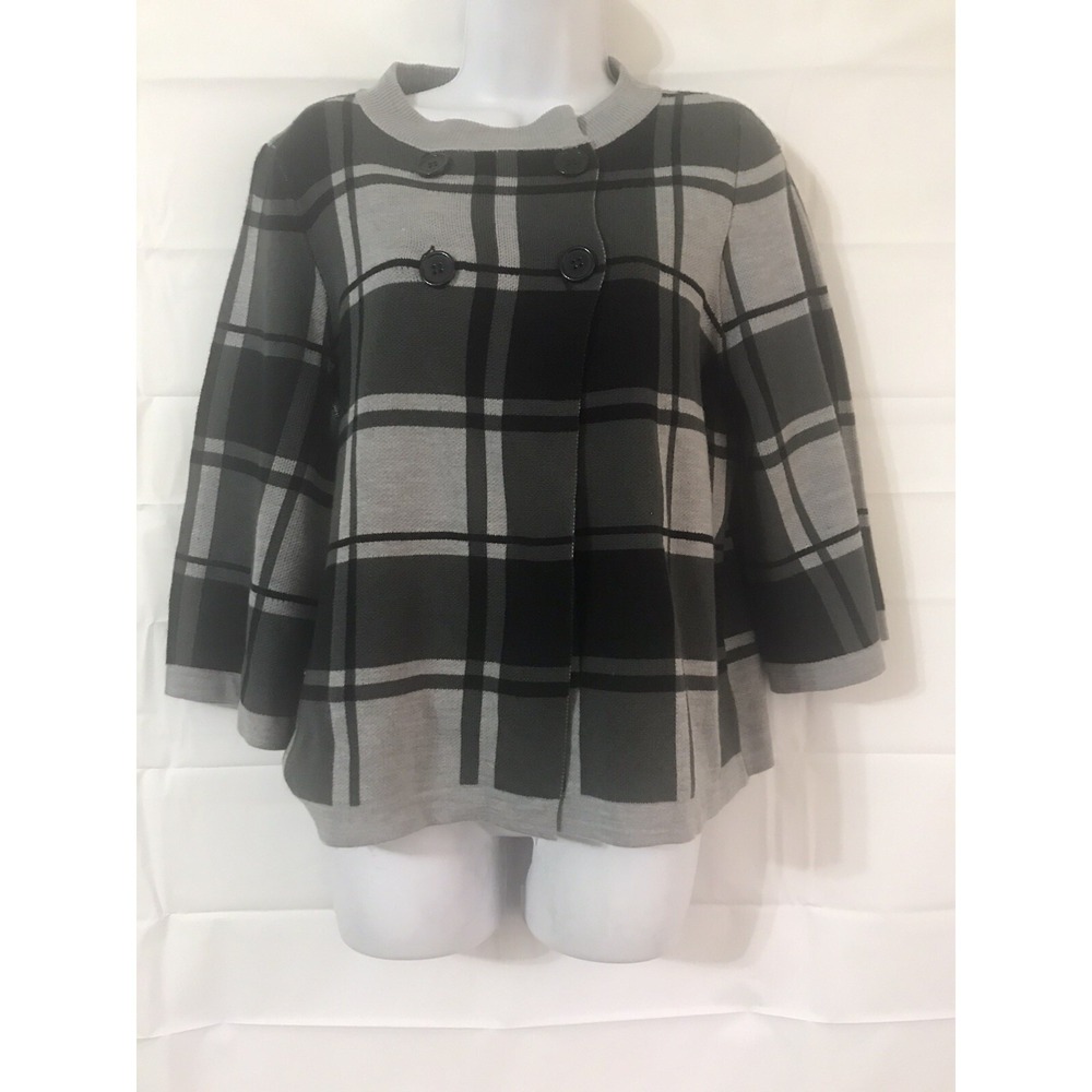 Luxe 360 Sweater Womens Medium Checkered Double Breasted Knit Cardigan‎ Jacket
